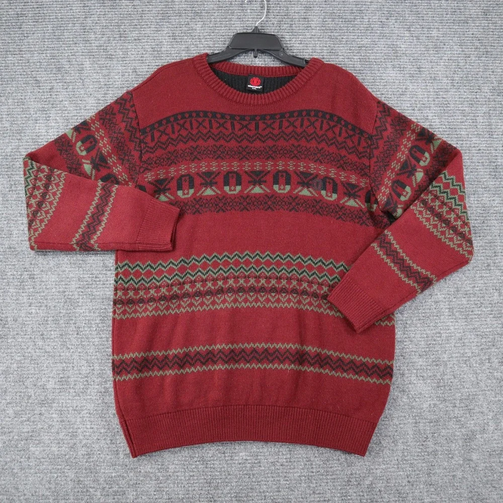 Element Y2K Fair Isle Nordic Knit Sweater Mens XXL Burgundy Crewneck Skater